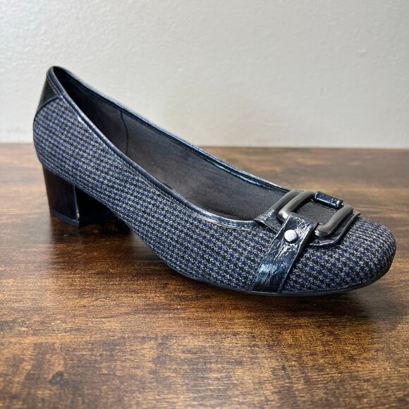 LifeStride Pumps 8 Womens Houndstooth Square Toe Block Heel Patent Slip On Black - Picture 1 of 10